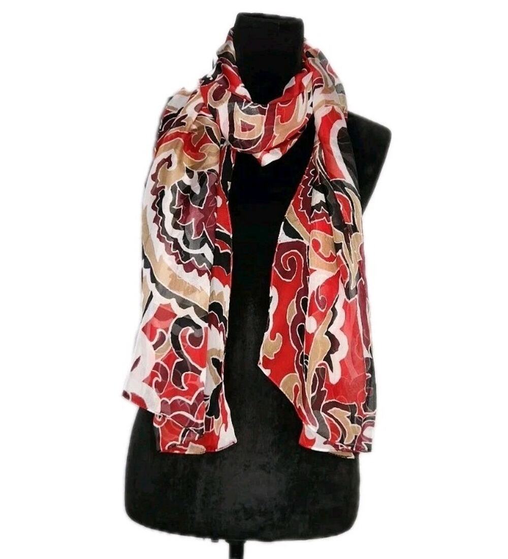 Vintage Unbranded Silk Scarf Rectangle Print Black Beige Red 17" × 71" Euc